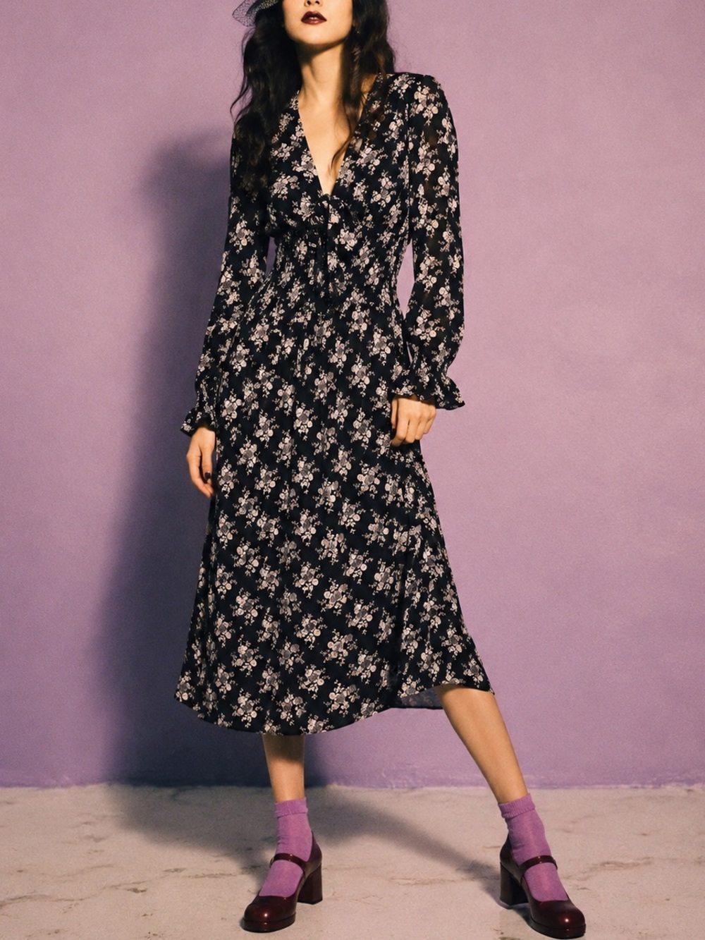 ANNA SUI *RARE* 1993 Vintage Archival Floral Tie-Front Long Sleeve Midi Dress